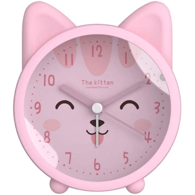 Reloj despertador de animales lindo para niños Reloj de silicona silencioso que no hace tictac Reloj de viaje con luz nocturna (gato rosa)