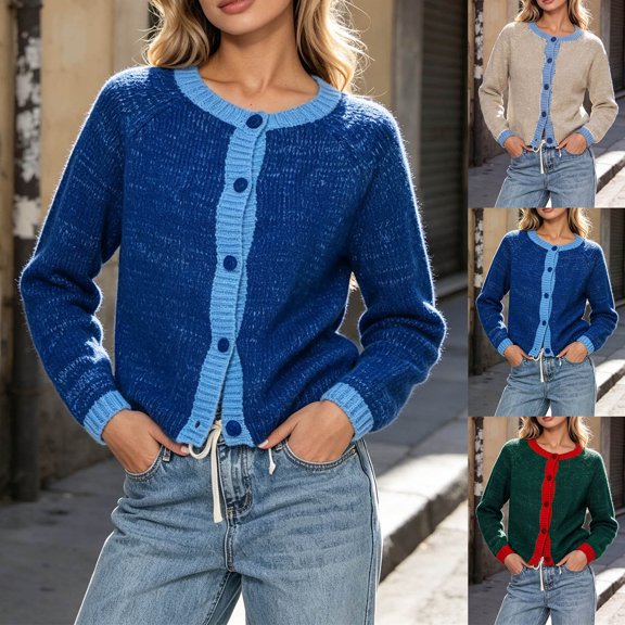Tqcoqu Women's Contrast Trim Button Down Cardigan,Crew Neck Long Sleeve Short Fit Knit Sweater Jacket