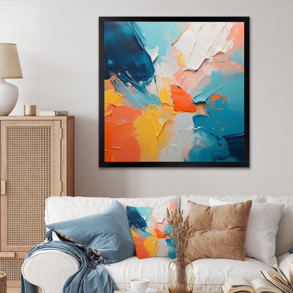 Designart "Abstract Expression in Blue and Orange V" Abstract Framed Wall Art Decor - Modern Blue Abstract Painting Living Room Framed Canvas Art