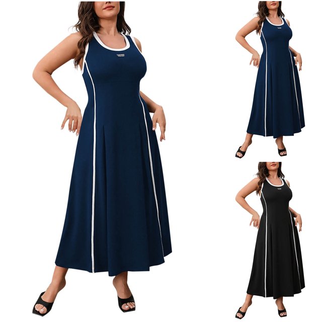 Robe Grande Taille Unie Sans Manches à Col Rond Décontractée Robe Grande Taille pour Femmes Robes d'Été Décontractées Noir TG