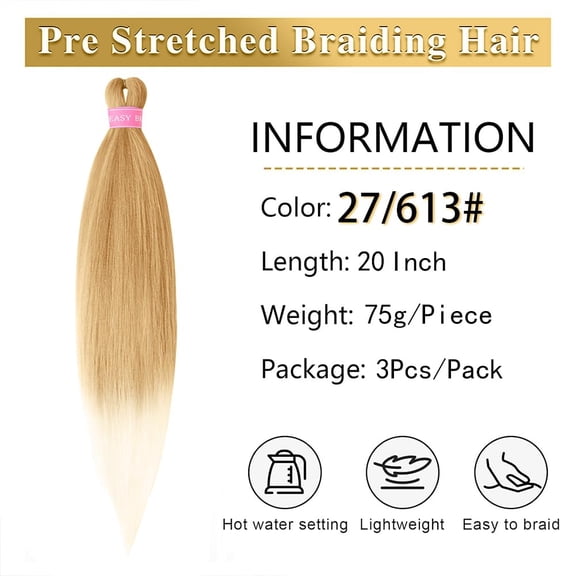 WEIF-3Pcs/Packs Braiding Hair Pre Stretched 20 Inch Yaki Straight Braiding Hair Synthetic Hot Water Setting Twist Braid in Hair Extensions For Women(20" 3Pcs #27/613)