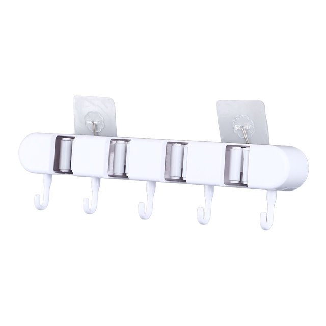 Soporte Para Fregona De Escoba Que Ahorra Espacio, Agarre Fuerte, 4 Clips Y 5 Ganchos, Fácil De Usar, Múltiples Aplicaciones, Soporte Para Fregona Montado En La Pared Para