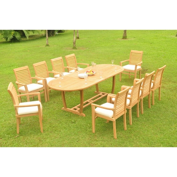 Grade-A Teak Dining Set: 10 Seater 11 Pc: 94" Mas Oval Trestle Leg Table And 10 Mas Stacking Arm Chairs Outdoor Patio WholesaleTeak #WMDSMS28