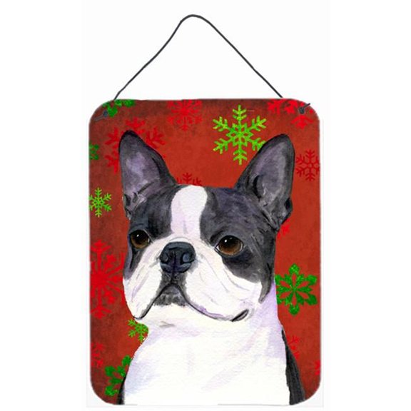 Boston Terrier Red Green Snowflakes Christmas Wall or Door Hanging Prints