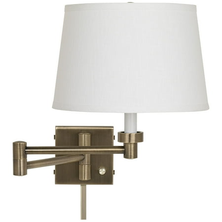 

Barnes and Ivy Modern Swing Arm Wall Lamp with Cord Cover Antique Brass Plug-In Light Fixture White Linen Drum Shade for Bedroom