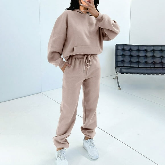 Two Picec Outfits for Women 2023 Fashion Pocket Round-Neck Casual Long Sleeve Sweatshirt+ Pant Set Womens' Sports Hoodies Sets on Clearance