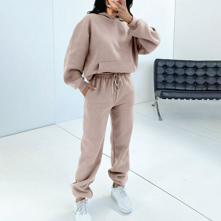 2 Piece Cotton Sweatsuits for Women with Hood Pocket Workout Sports Outfits  Fleece Hoodie and Jogger Pant Sets (Small, Beige)