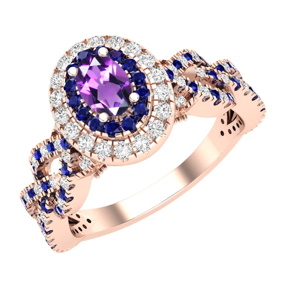 Dazzlingrock Collection 6X4mm Oval Amethyst with Round Blue Sapphire & White Diamond Interweaving Double Halo Wedding Ring for Women in 14K Rose Gold, Size 5.5