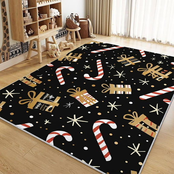 Area Rug Rectangle Carpet, Christmas Element Candy Cane Machine Washable Rug For Living Room, Stain Resistant Non Slip Black Decorative Carpet For Bedroom Kitchen