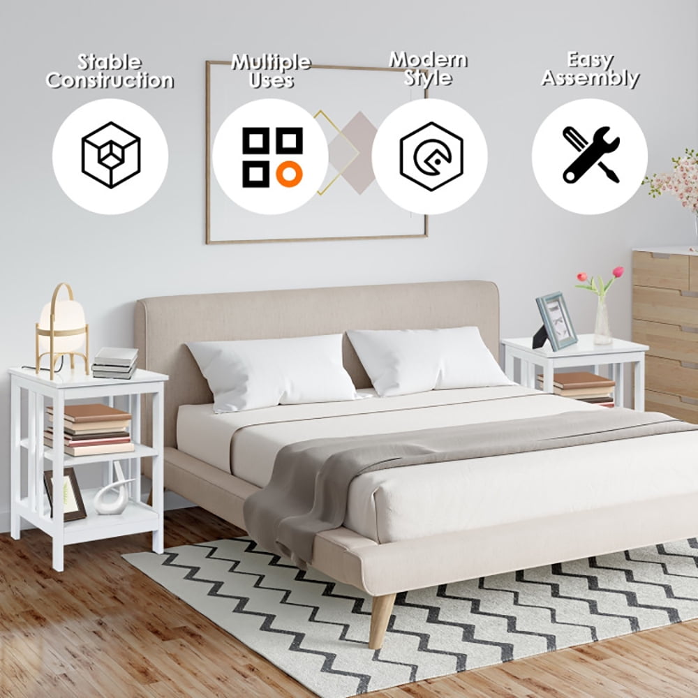 Finihen Side Table, Sofa Side Table, Bed Side Table, 3-Tier Nightstand Sofa Side Table with Baffles and Round Corners, for Living Room, Bedroom, White