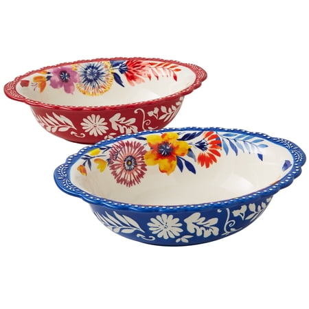 The Pioneer Woman Woodland Whimsy 2-Piece Oval Stoneware Vegetable Bowl Set in Red and Blue