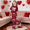 thumbnail image 2 of 2 Piece Set for Girls Valentines Heart Print Bow Detail Short Sleeve Top and Wide Leg Pants Cute Outfit for Kids, 2 of 4