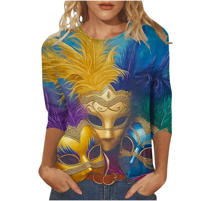 Penkiiy Blouse Carnaval Manches 3/4 Chemise de Printemps Quotidienne Tee Imprimé Masque Blouse Mardi Gras Col Rond 2024 Tee Tunique Habillée 4TG Multicolore