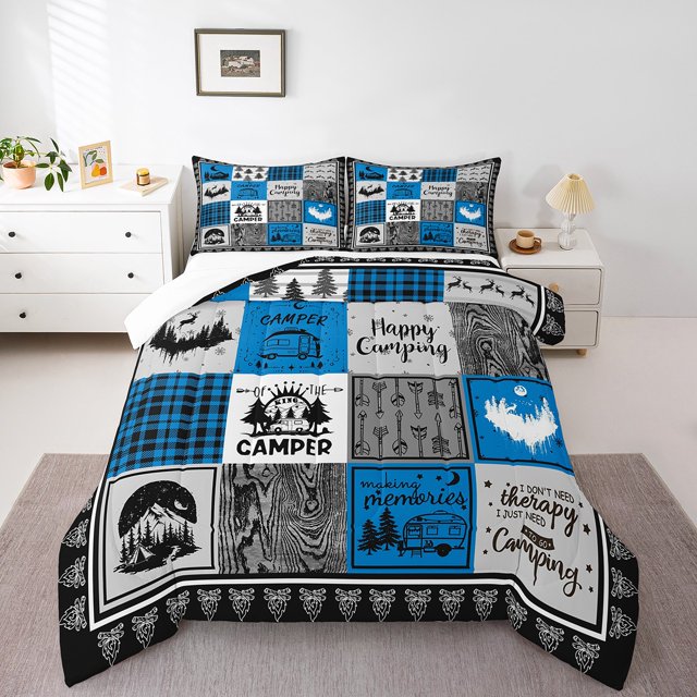 YST Kids Rv Camper Comforter Set Toddler,Rustic Cabin Camping Bedding Set for Travel Trailers,Buffalo Plaid Checkered Quilt Bed Set Bedroom Decor,Pine Tree Deer Woodland Comforter Set 2Pcs