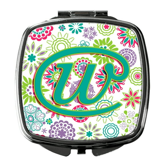 Letter W Flowers Pink Teal Green Initial Compact Mirror CJ2011-WSCM