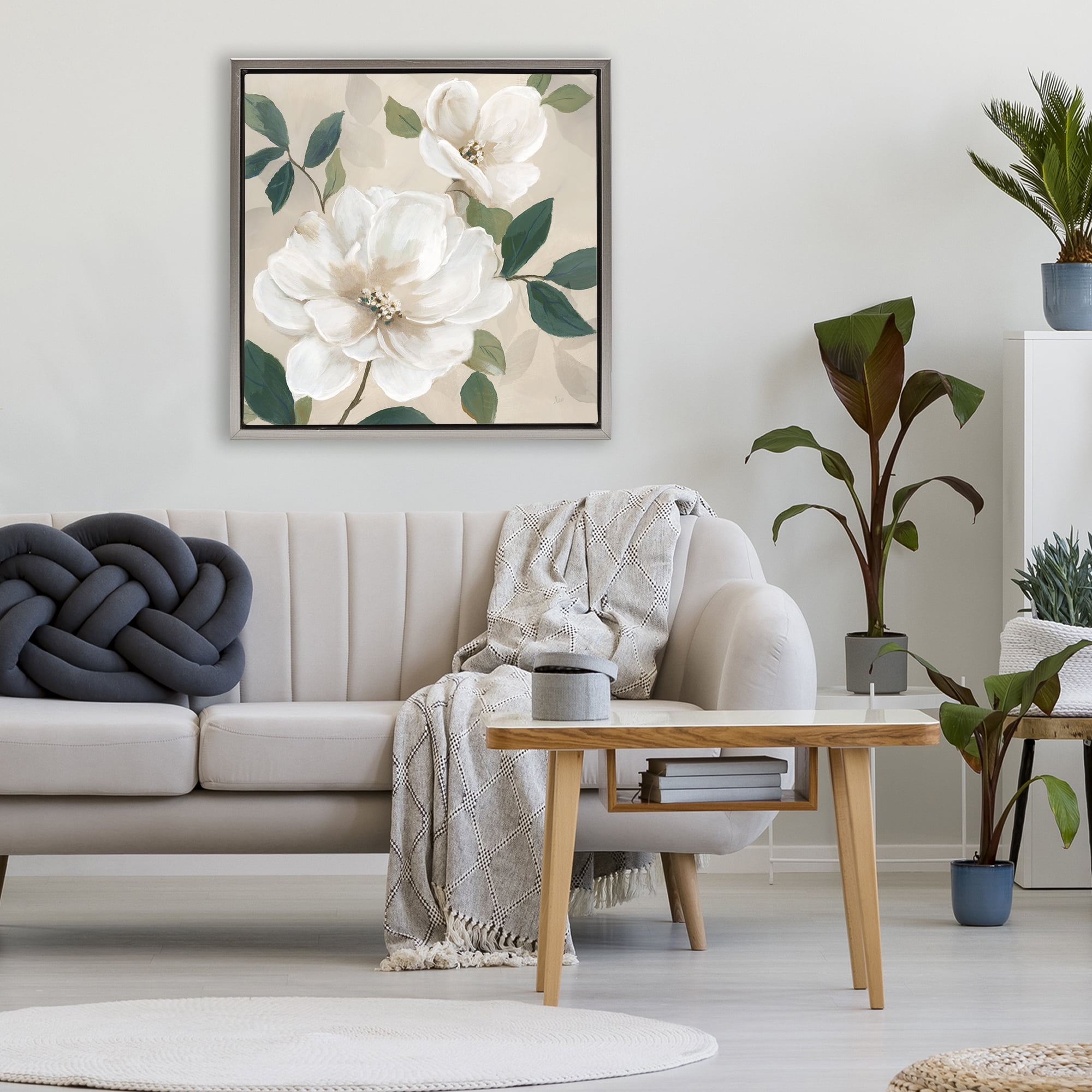 Stupell Industries Serene White Magnolia Study Gray Framed Floater Canvas Wall Art, design by Nan
