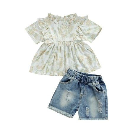 

hirigin Flower Print Short Sleeve Dress + Frayed Raw Hem Ripped Jeans