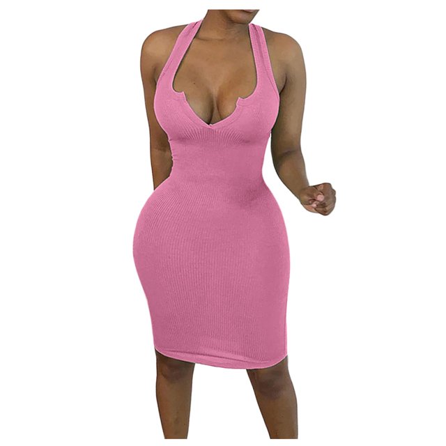 Fridja Robe Fourreau Sans Manches pour Femmes Couleur Unie Col en V Profond