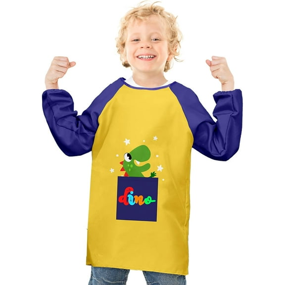 Kids Art Smock Dinosuar Painting Artist Apron Waterproof Paint Smocks Girls Boys Long Sleeve with Pocket for Child 8-12 Years