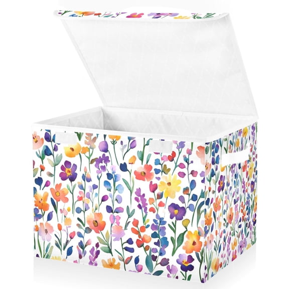 Yayeee Collapsible Cube Storage Bin with Lid Fabric Closet Decorative Basket with Handles, Purple Wildflower Pattern