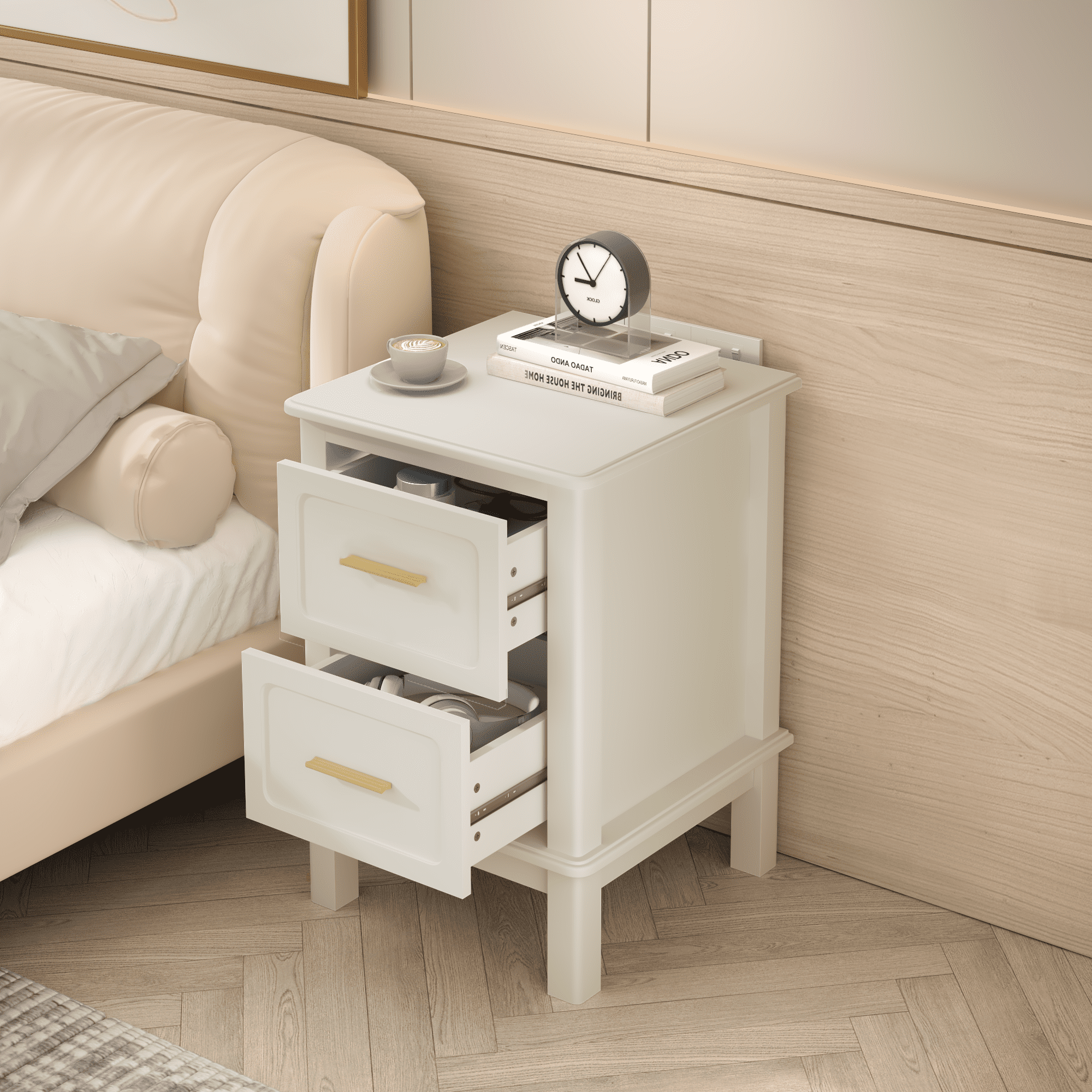 Modern Nightstand with 2 Drawers, Bedroom Bedside Table with Gold Handles, Sturdy Wood Accent Table for Small Spaces, Living Room, Kids Room & Guest Room-Off White