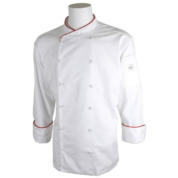 Mercer Renaissance Cutlery Men's Chef Jacket (Scoop Neck) | White w/ Red Piping, Medium