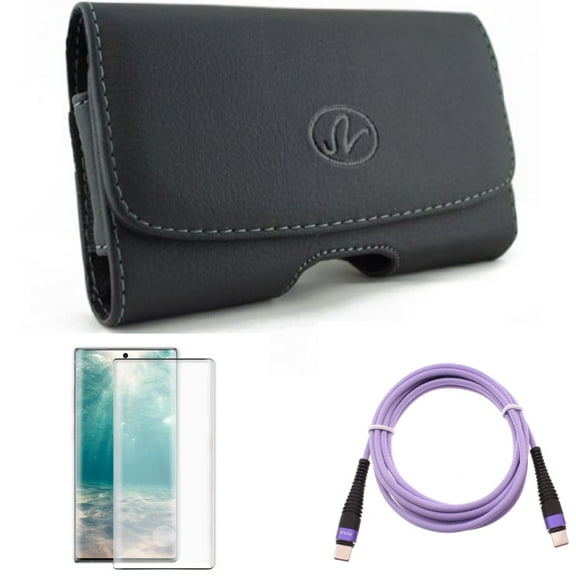 Purple 10ft PD Cable & Screen Protector & Case Belt Clip for Samsung Galaxy Note 20 (6.7") - Combo with Type-C to USB-C Fast Charger Cord & Tempered Glass (Fingerprint Unlock) & Leather Swivel