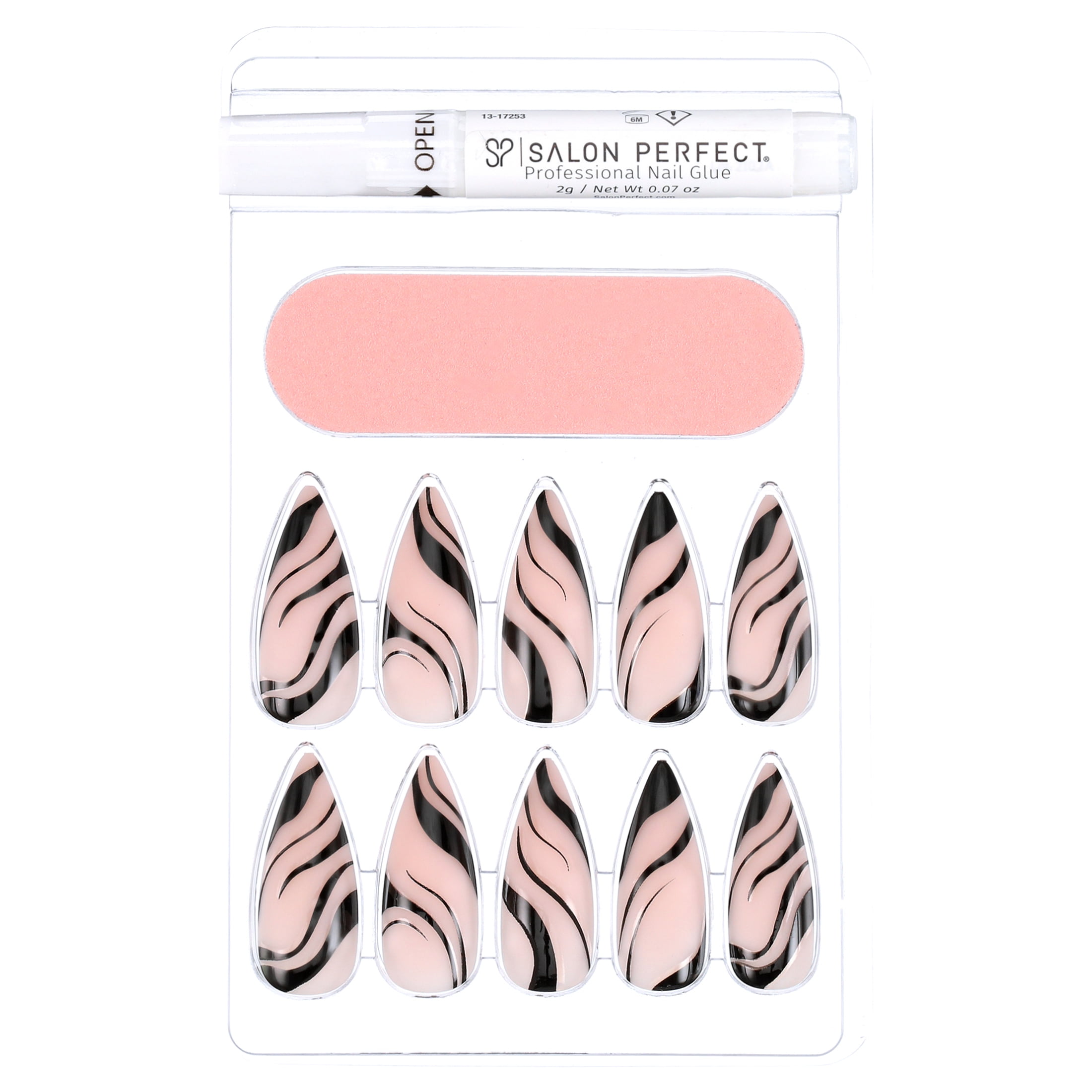 Salon Perfect Artificial Nails, 143 Modern Art Black Swirl, File & Glue Included, 30 Nails