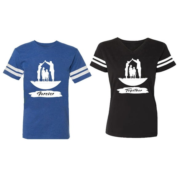 Forever Together Matching Couple Cotton Jerseys (Men Royal / Women Black) (Men S / Women S)