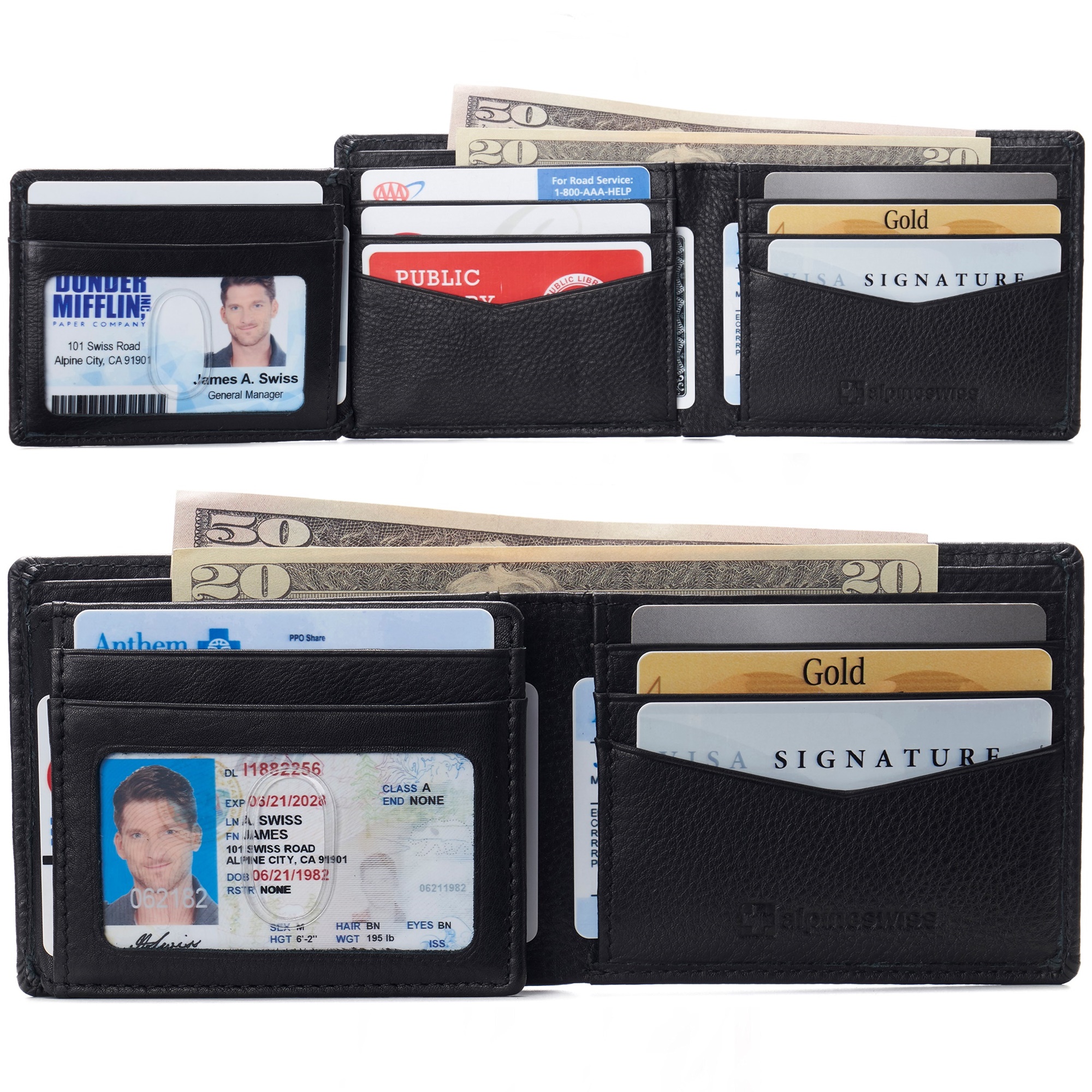 Alpine Swiss Spencer Men's Leather Bifold Wallet with RFID Protection, Black photo 2