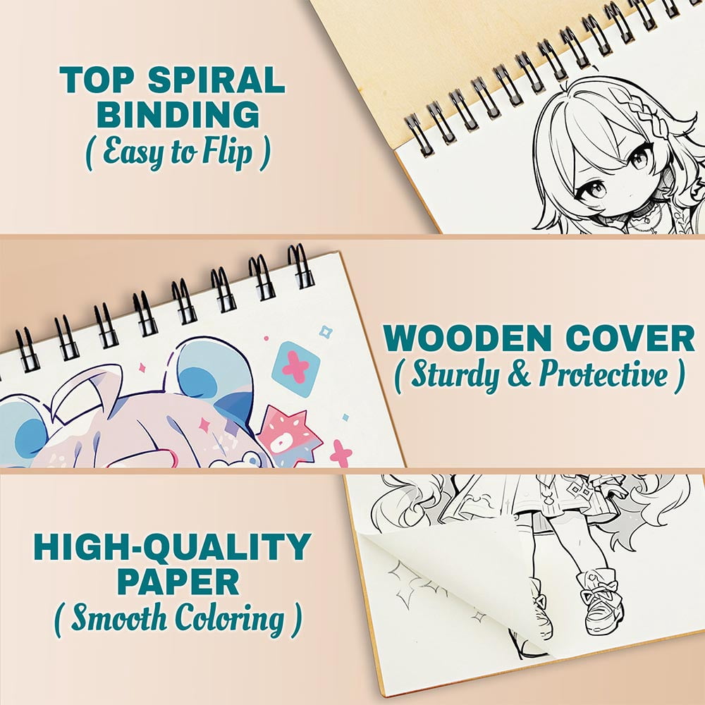 Netecom Chibi Anime Girls Coloring Book Spiral Bound for Adults and Anime Fans, A5 Wooden Cover, 30 Adorable Anime Characters Coloring Pages of Chibi Adventures for Stress Relief and Relaxation