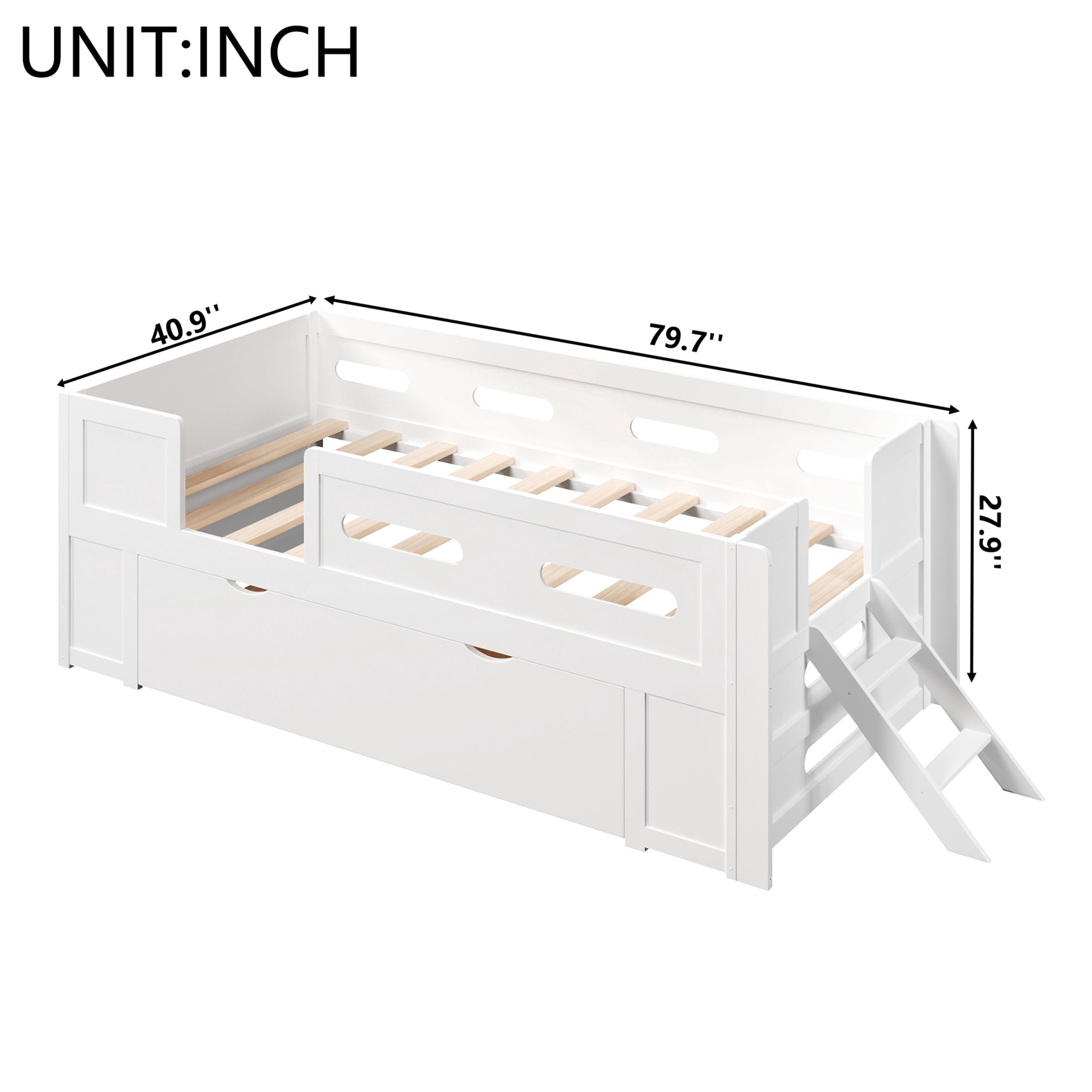 Noble House Genrix Twin Size Pine Wood Platform Bed with Guardrail and Storage Drawer, Kids Bed Frame, White