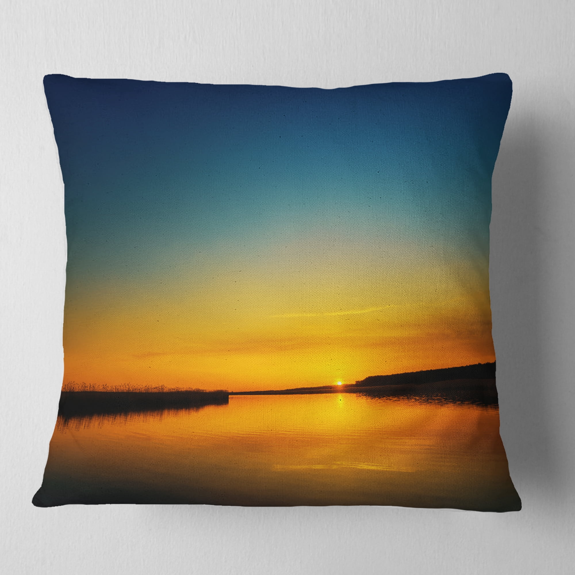 Designart Orange Sunset Over River - Skyline Photography Throw Pillow - 18x18