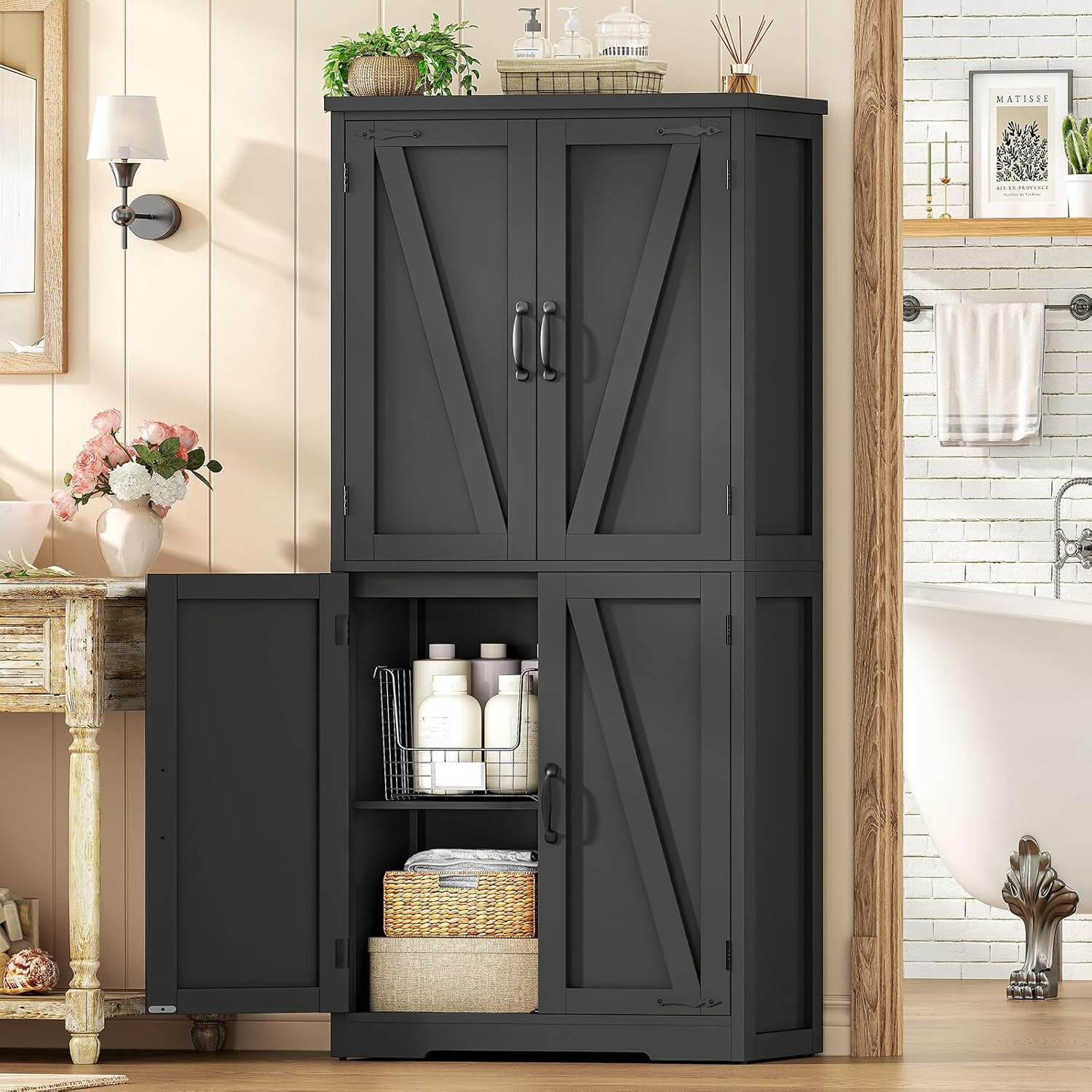 58" H Storage Cabinet with Adjustable Shelf, Farmhouse Kitchen Pantry Cabinet, Bathroom Cabinet with 4 Doors, Cupboard for Kitchen, Bathroom, Living Room