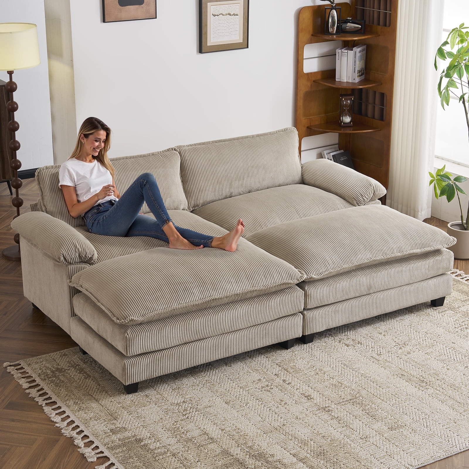 Zimtown 90“ Sofa Bed Couch with Pillow Arms and Double Layer Cushions, Corduroy Loveseat Sofa with Removable Ottoman for Living Room, Khaki