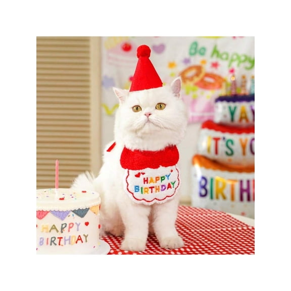 Small Dog Cat Birthday Hat Scarf Set, Cute Pet Birthday Bandana Party Supplies Puppy Happy Birthday Decorations Embroidered Birthday Gift For Girls Boys Kitten Dog(Red)