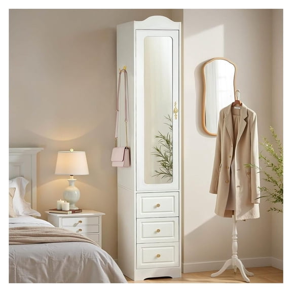 Armoire Wardrobe Closet 69.5", White Wood Bedroom Armoire with Mirror & Drawers