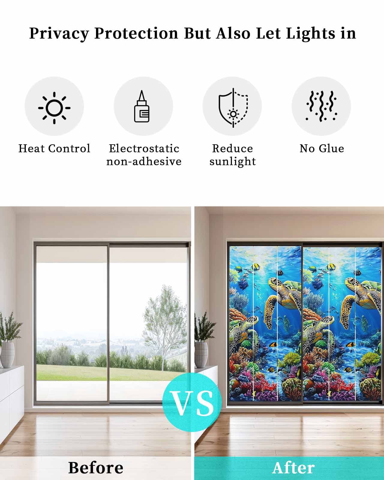 Window Privacy Film Blue Sea Turtle Ocean Stained Glass Window Film Decorative Sun Block Window Cover Colorful Coral Sea Underwater Window Clings Static Adhesive Sticker for Bathroom 23.6"x59"