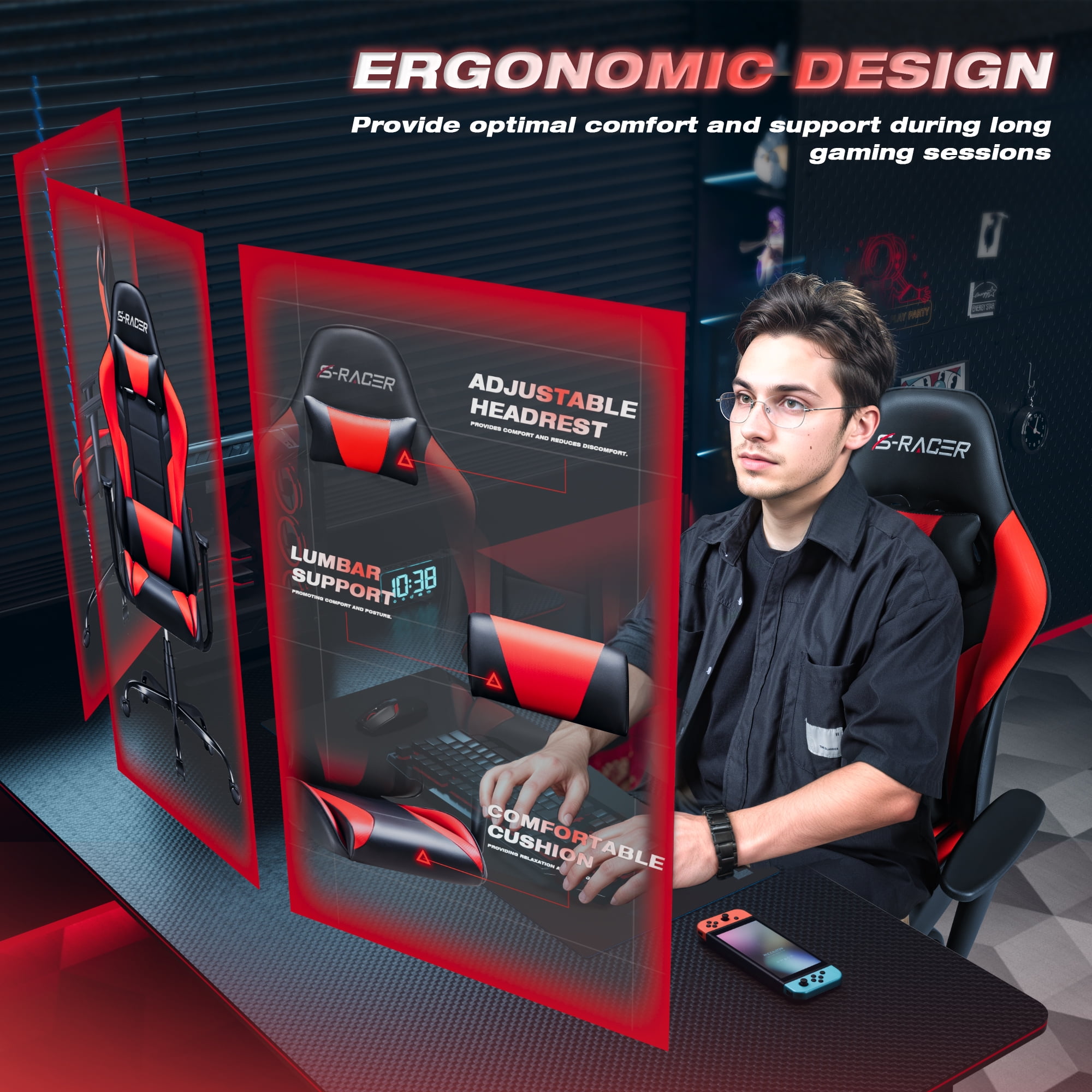 Homall Gaming Chair Office Chair High Back Racing Computer Chair PU Leather Adjustable Seat Height Swivel Chair Ergonomic Executive Chair with Headrest, Red