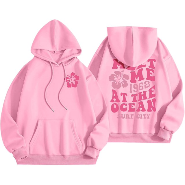 Pink Graphic Hoodie For Women 2024 Cute Preppy Sweatshirt Long Sleeve Drawstring Pullover Tops With Pockets