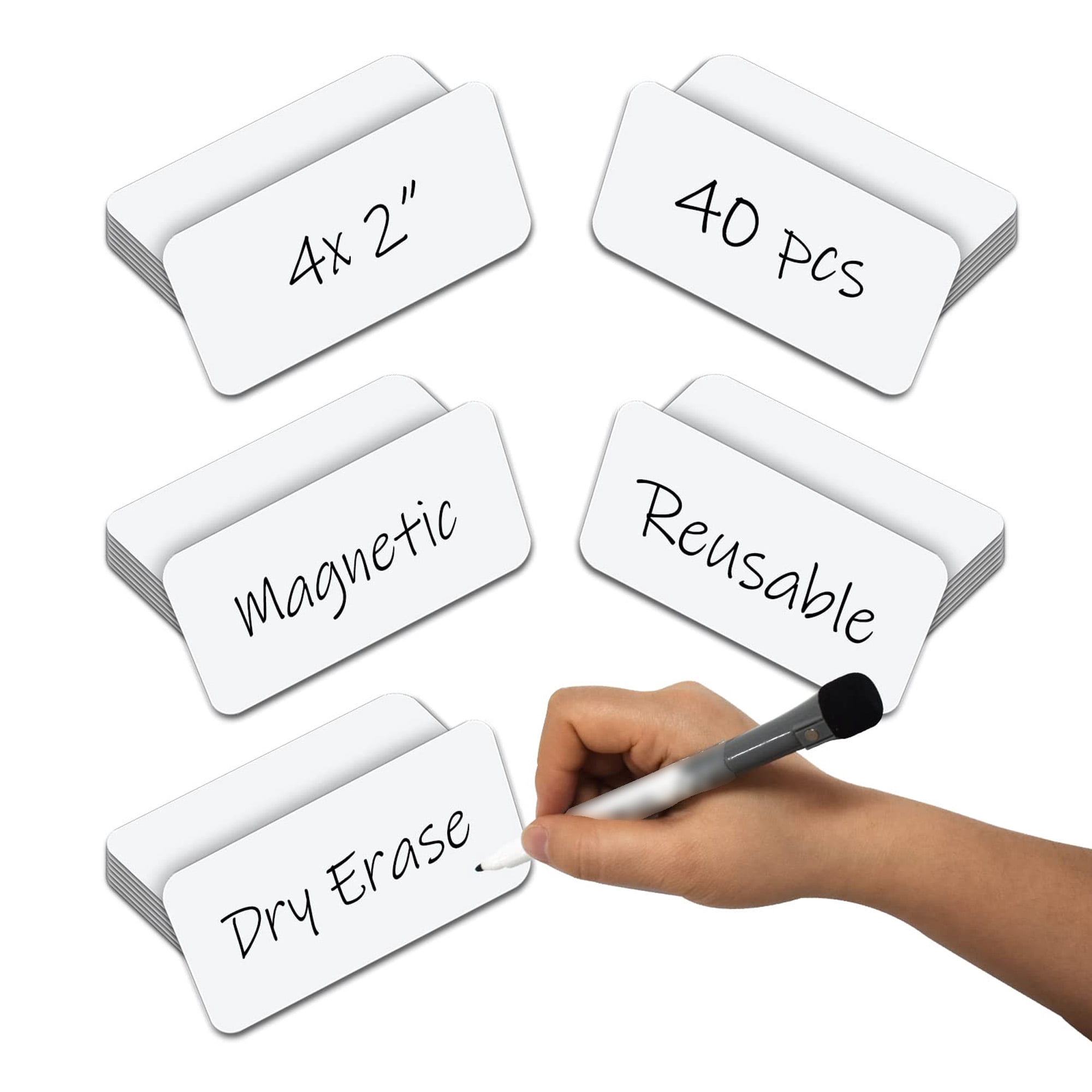 Reusable Magnetic Labels, Dry Erase Whiteboard Labels 4x2 Inch, Pack of 40, Strong Adhesive Magnetic Name Tags for Fridge, Office, Classroom, White
