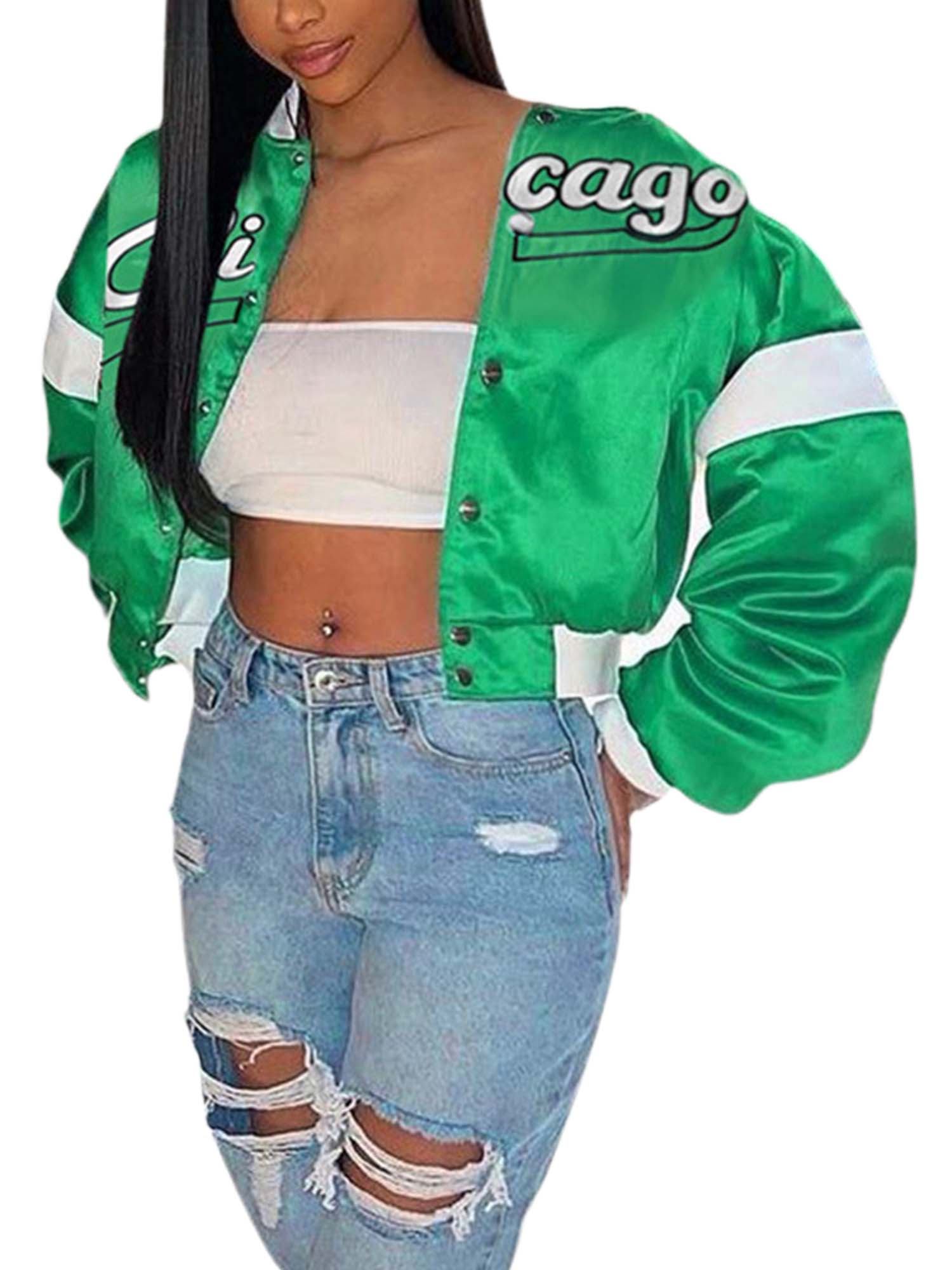 TheFound Womens Crop Baseball Bomber Jacket Long Sleeve Button Vintage Varsity Fall Jackets Coats Y2K Streetwear Green M - image 5 of 5