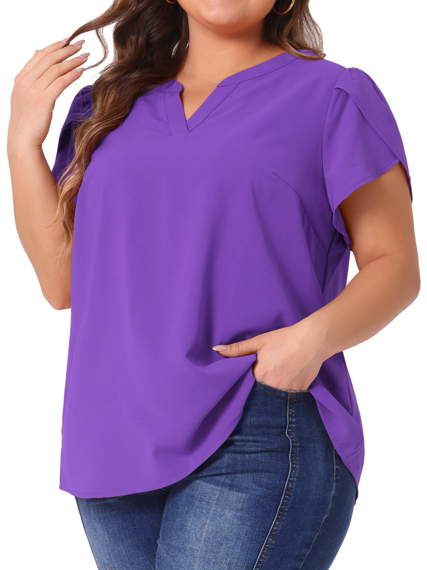 DARING DIVA Women's Plus Blouses Notched V Neck Short Petal Sleeve Shirts Tops 1X Purple