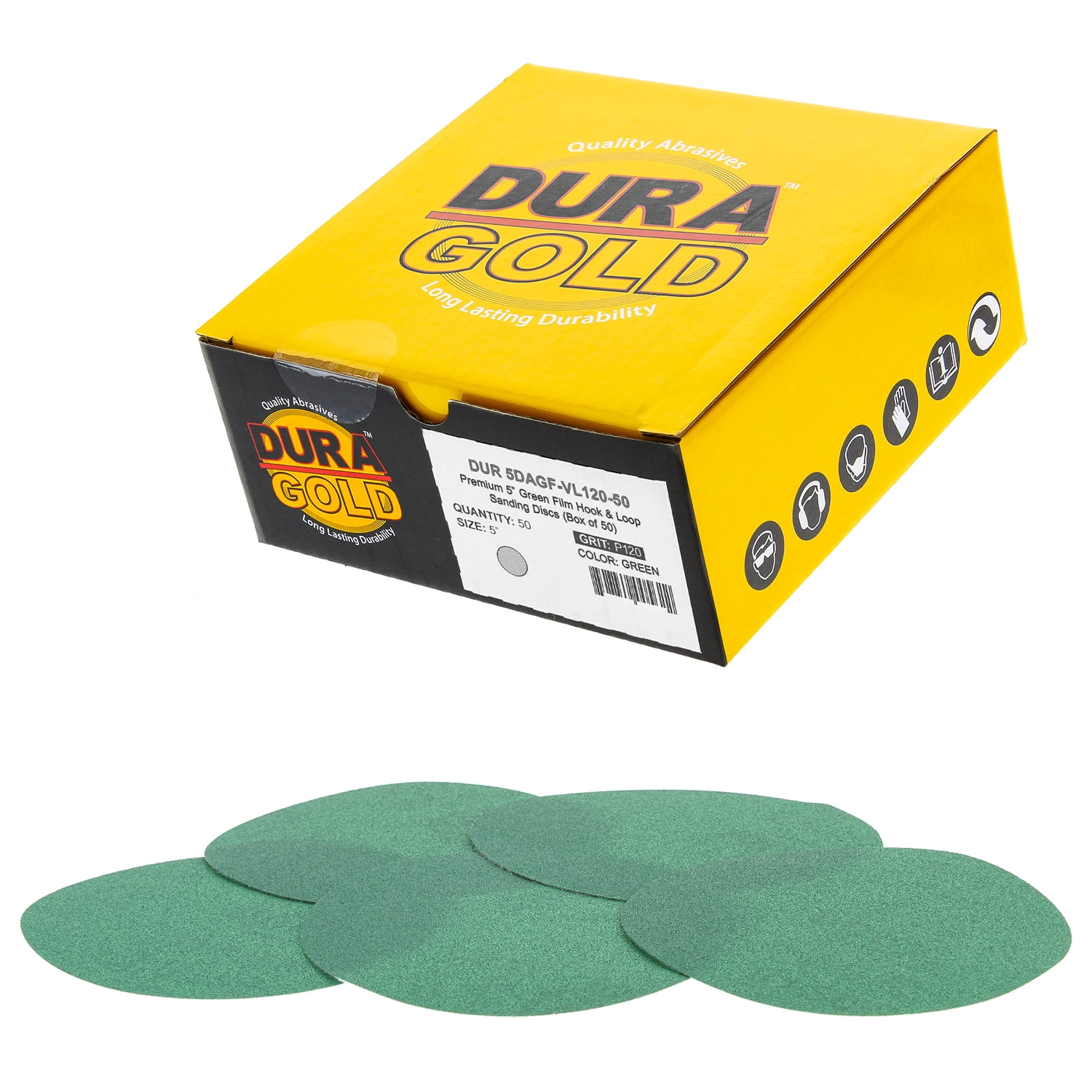 DuraGold 120 Grit 5" Green Film Hook & Loop Sanding Discs for DA