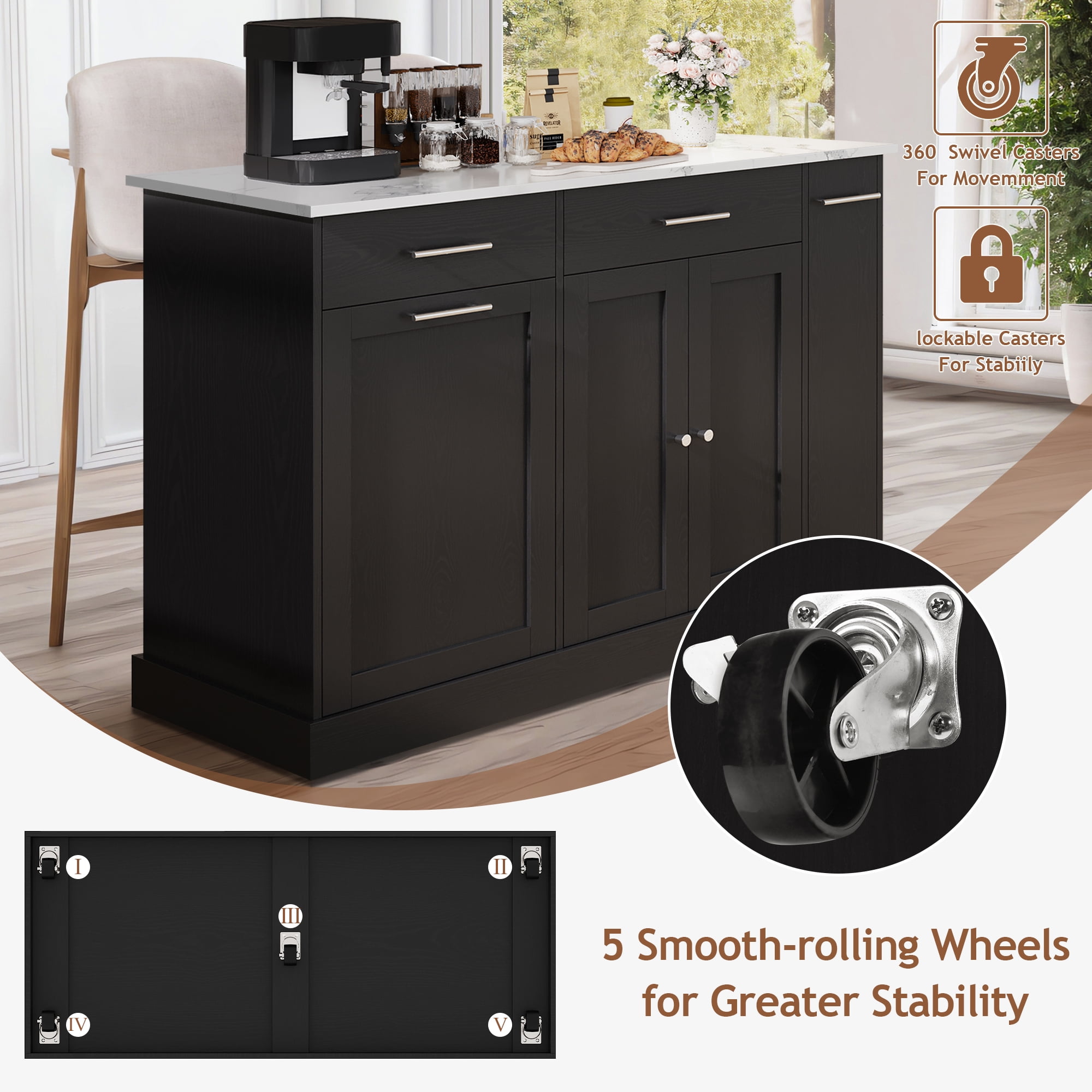 DreamCurship 52" Kitchen Island with Storage, Rolling Kitchen Cart Island with Wheels, Tilt Out Kitchen Trash Cabinet 10 Gallon Storage, 3 Large Spice Racks and 2 Drawers, Black and Marble