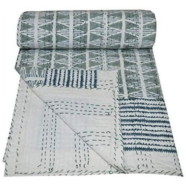Indian Hand Block Print Kantha Quilt Queen Size Quilt Kantha Throw Blanket Cotton Bedspread Boho Quilt Vintage Gudari Kantha Quilts