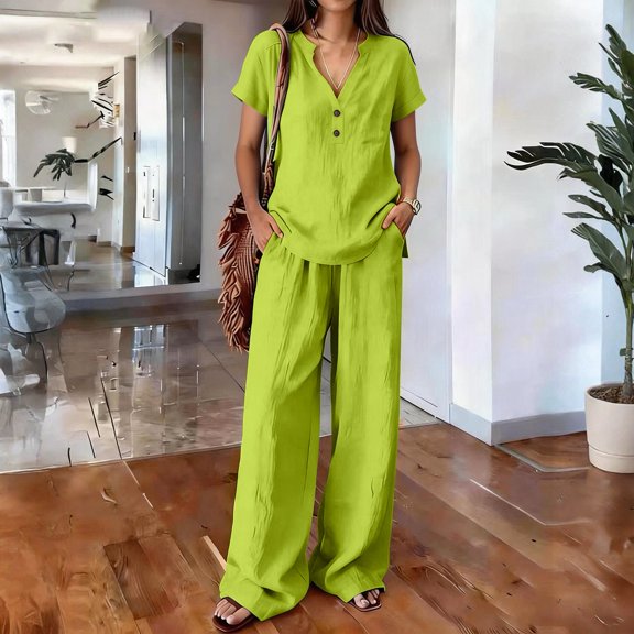 Resicozy 2 Peice Cotton Linen Sets for Women Short Sleeve Shirts Wide Leg Pants Comfy Breathable Summer Outfits Green XL