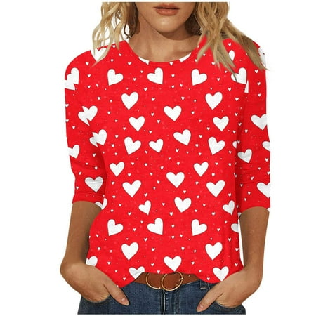 New Arrivals Women’s 3/4 Sleeve Valentine Heart Print Round Neck T-Shirt Fashion Tops My Items