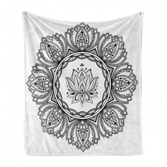 Ethnic Soft Flannel Fleece Blanket, Monochrome Mandala Inspired Floral Ornaments Graphic Plain Background, Cozy Plush for Indoor and Outdoor Use, 70" x 90", Charcoal Grey and White, by Ambesonne