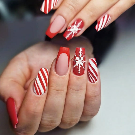 New Christmas Wearable Nail Art - Red - and - white Striped Glitter and Snowflake False Nails
